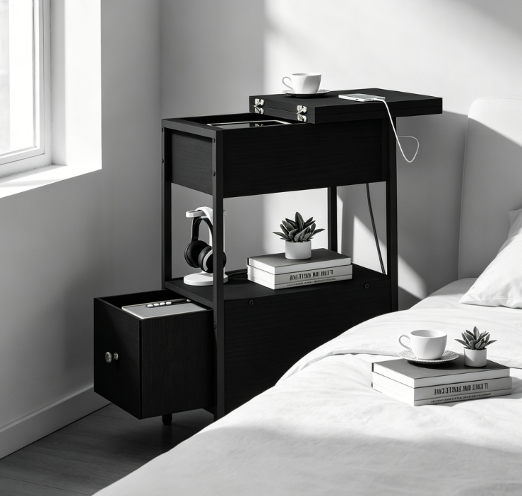 Narrow Bedside Table with Charging Station, Flip Top Cabinet and Fabric Drawer, Black