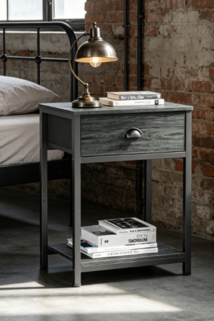 Bedside Table with Fabric Drawer and Shelf, Industrial 2-Tier, Black Oak
