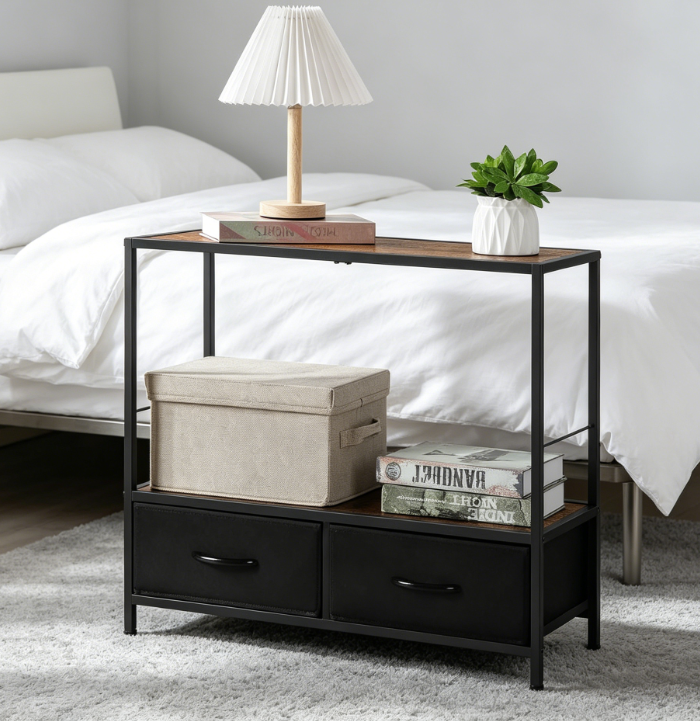 3-Tier Bedside Table with Drawers and Shelf, Black and Rustic Brown