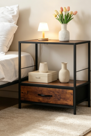 3-Tier Farmhouse Bedside Table with Drawers and Shelf, Rustic Brown